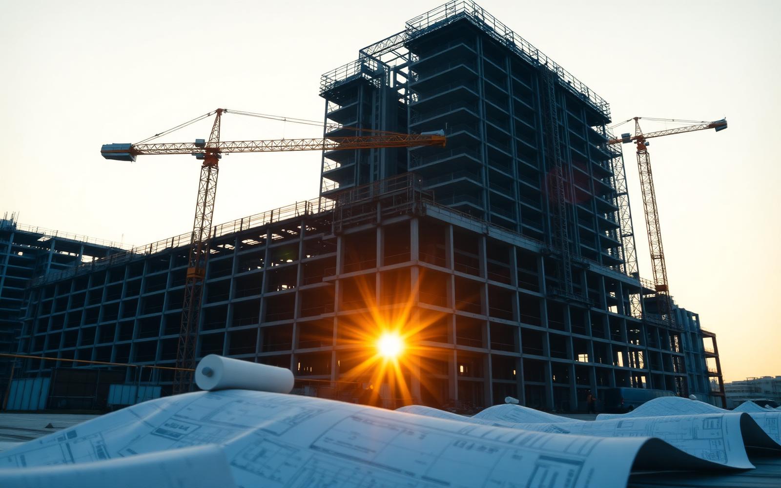 Construction jobsite at golden hour with tower cranes and blueprints